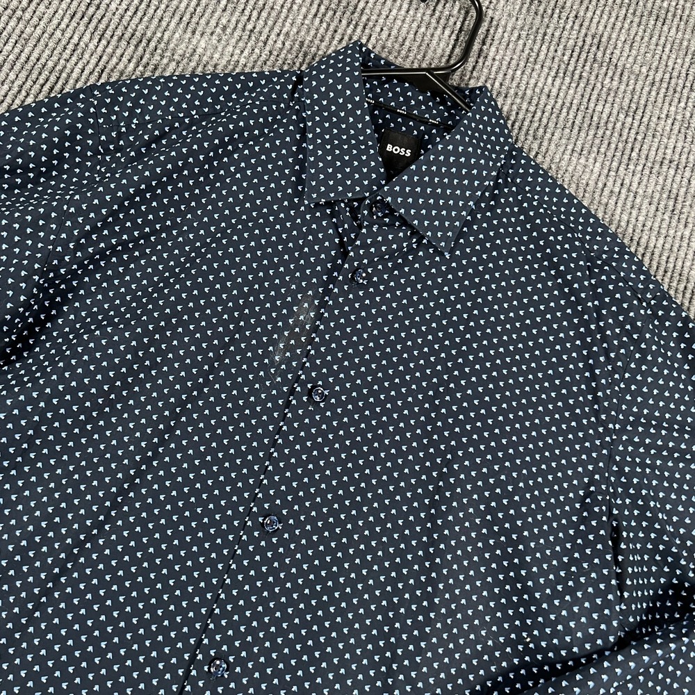 BOSS Shirt Mens Large Black Blue Geometric Long Sleeve Button Up Slim Stretch